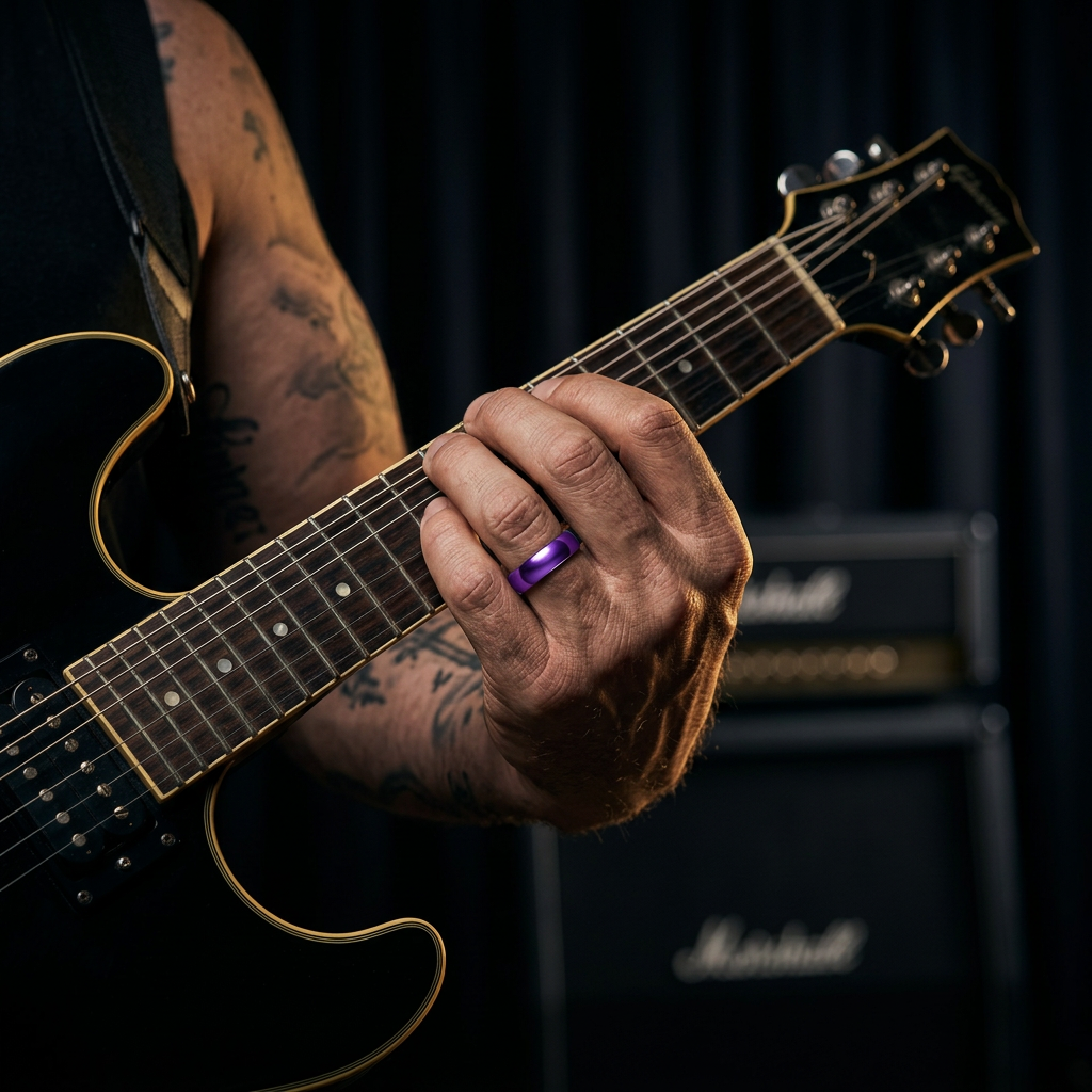 The 26 Violet King worn on a guitarist's hand on the neck of an electric guitar