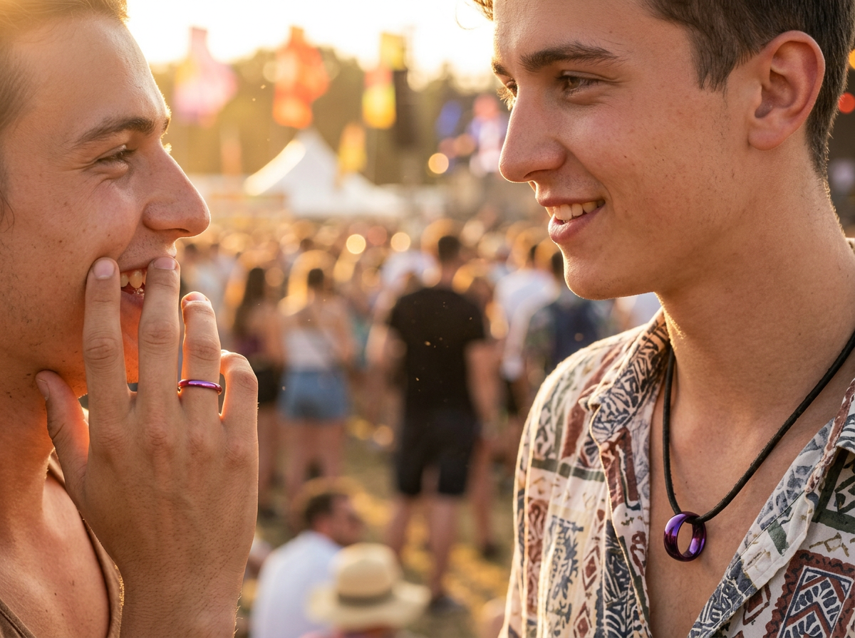 Friends at a festival, one wearing the Queen Ring on a pinky and one wearing the King Ring on a leather cord