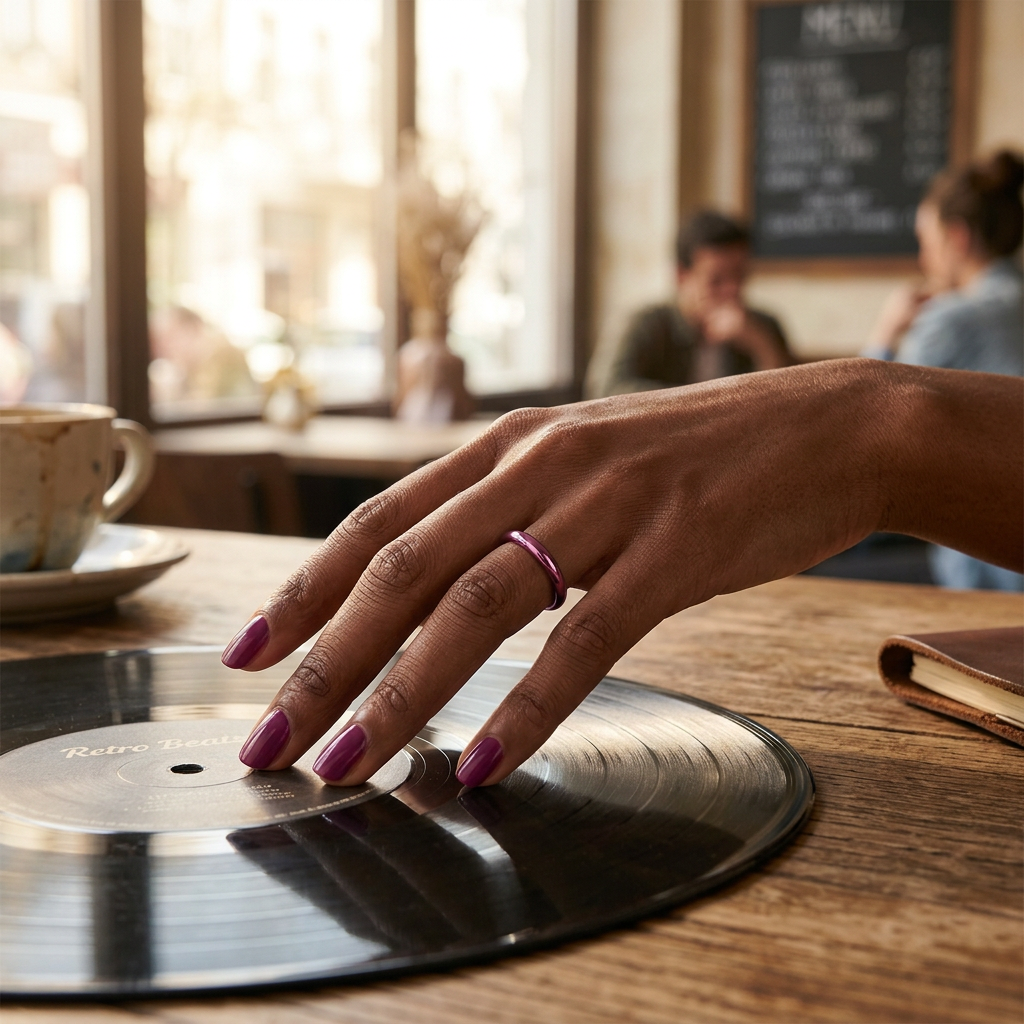 The pink Queen Ring on a hand resting on a vinyl record