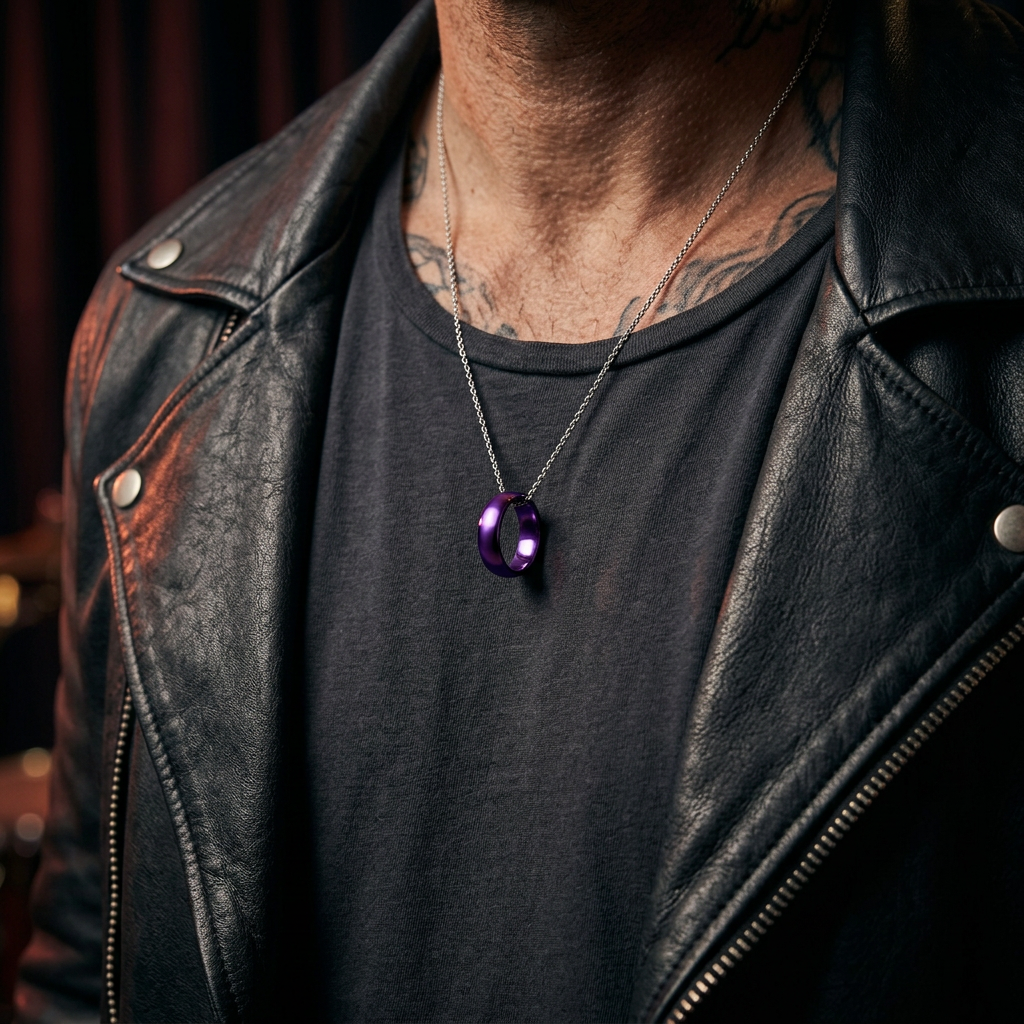 The violet King Ring against a black leather jacket