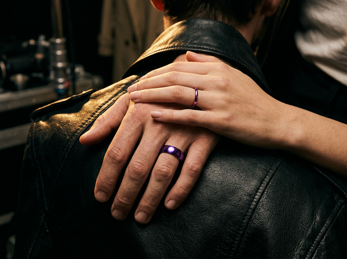 A King Ring and a Queen Ring worn by two hands resting on a leather jacket backstage